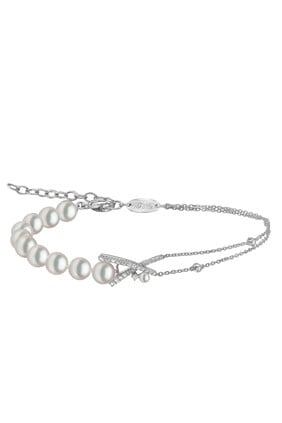 Sleek Chain Bracelet, 18k White Gold, Diamond & Pearl